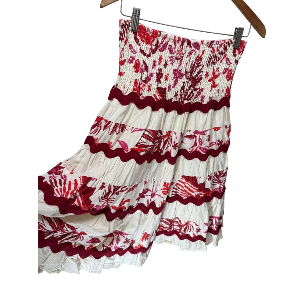 Caroline Constas Skirt Womens S Red Floral Smocked Tiered Ric-Rac Linen Resort - Picture 3 of 9